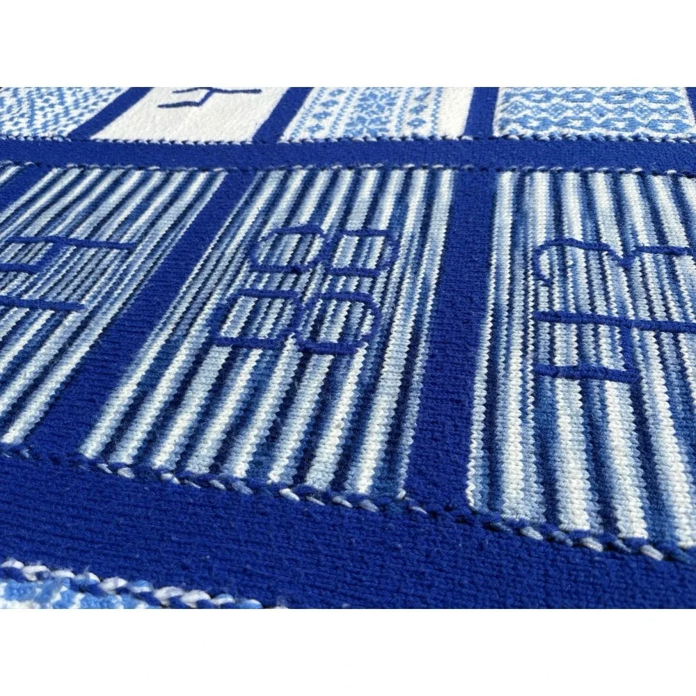 Vintage Hand Knit Crochet Afghan Throw Blue White Pattern Letters Numbers 1988